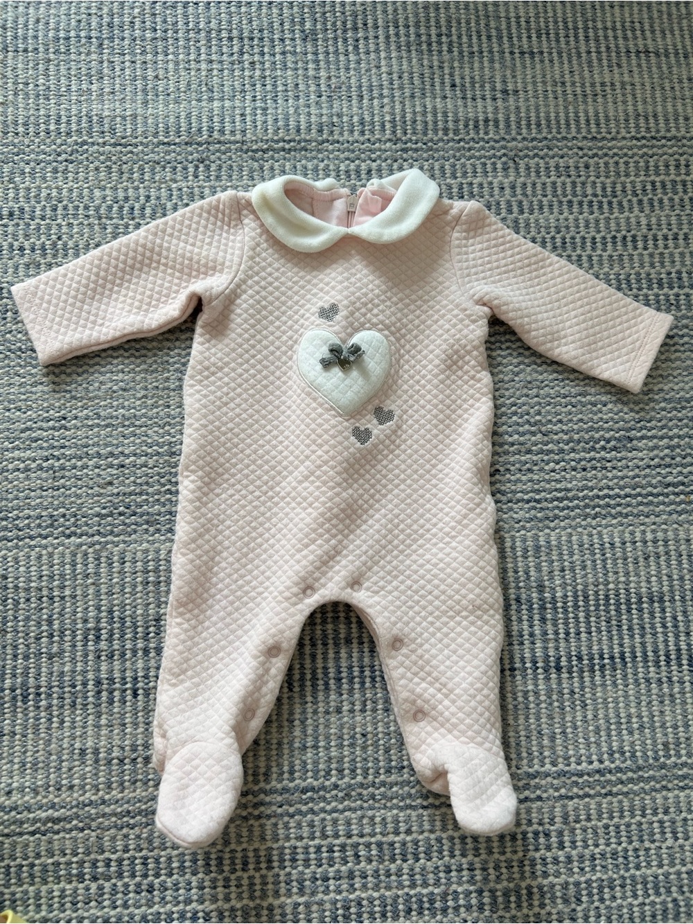 Mayoral Pale Pink Quilted Heart Footed One-Piece with Peter Pan Collar